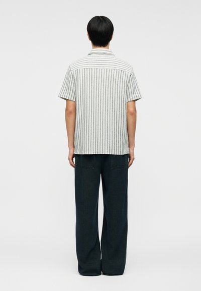 Άτομο με τα μαλλιά γυρισμένα προς τα πίσω, φορώντας κοντομάνικο λευκό και γκρι ριγέ πουκάμισο και φαρδιά μαύρη παντελόνια, μπροστά σε απλό φόντο.