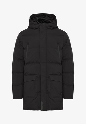 Fekete puffdzseki kapucnival, cipzáras mellzsebbel és nagy elülső zsebekkel, texturált anyaggal és minimális logóval.