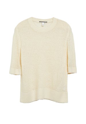 Cremefarbener Kurzarm-Strickpullover mit geripptem Rundhalsausschnitt, Bündchen und Saum auf weißem Hintergrund.
