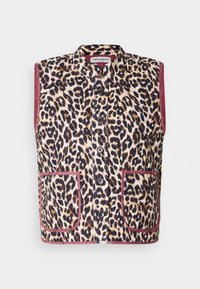 Γούνα γαλάκτωσης με μοτίβο λεοπάρ, με μαύρα κουμπιά, μπορντώ περίγραμμα και δύο μπροστινές τσέπες. Λείος υφασμάτινος υφής.