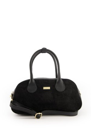 Black suede handbag with rounded shape, textured leather accents, dual handles, detachable shoulder strap, and gold-tone logo plaque.