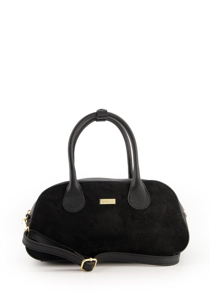 Black suede handbag with rounded shape, textured leather accents, dual handles, detachable shoulder strap, and gold-tone logo plaque.
