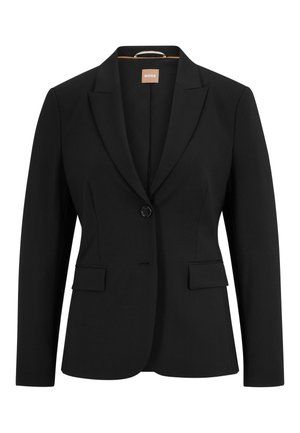 Blazer noir avec une fermeture à un bouton, des revers crantés, deux poches avant et une texture de tissu lisse. L'intérieur comporte une étiquette.
