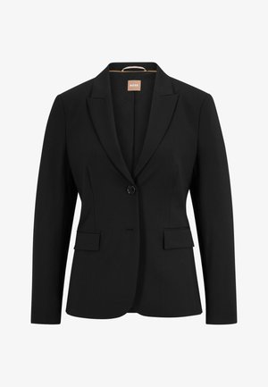 Blazer preto com fecho de um único botão, lapelas recortadas, duas bolsos frontais e uma textura de tecido suave. O interior tem uma etiqueta.