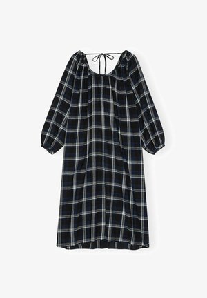 Melnu un zilu raibumu kleita ar garām piedurknēm līdz ceļiem, elastīgām aprocēm un kakla saiti aizmugurē.