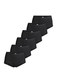 Set aus sechs schwarzen Baumwoll-Hipster-Slips mit glatter Textur, einem gewellten Taillenbund und einfachem Design ohne sichtbare Markenkennzeichnung.