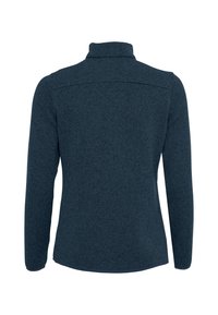 Dunkelblauer Langarm-Pullover, gestrickte Textur, aufrechter Kragen, taillierte Passform, Detail an der Hinterseite mit Yoke und abgerundetem Saum.