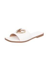 Infradito bianchi con suola piatta, caratterizzate da un embellishment a forma di cuore dorato decorato con gemme trasparenti al centro.