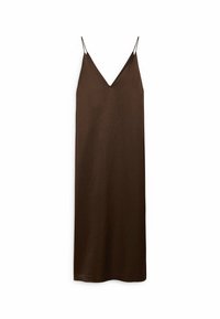 Brąsnowa sukienka bez rękawów z dekoltem w serek, wykonana z gładkiego materiału. Posiada cienkie ramiączka i długość do podłogi.