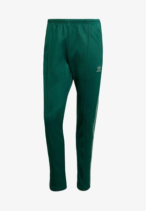 Pantalon de survêtement Adidas vert foncé avec taille élastique, poche zippée sur le côté et bandes blanches le long des jambes extérieures.