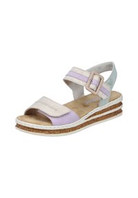 Sandales bicolores avec des sangles en cuir beige clair et lavande, boucle réglable, semelle intérieure rembourrée et semelle en liège.