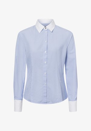 Hellblau und weiß gestreiftes Langarmhemd mit weißem spitzen Kragen und Manschetten, Knopfleiste, taillierte Passform.