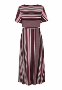 Gestreiftes Kleid mit kurzen Ärmeln, rundem Ausschnitt und tailliertem Oberteil, das in einen ausgestellten Rock übergeht. Die Farben umfassen Burgunderrot, Rosa und Schwarz.