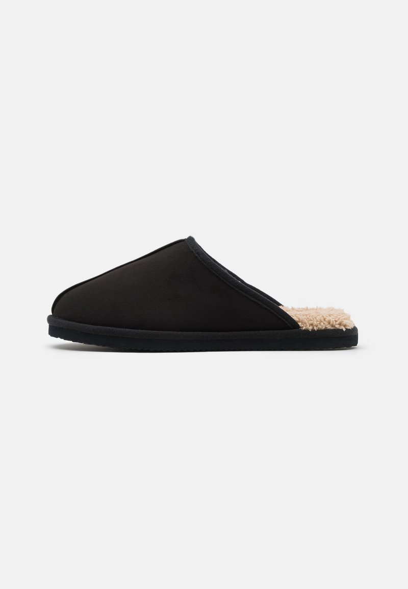Black slipper with a soft, textured interior, slip-on design, and a rounded shape. Features a flexible black sole.