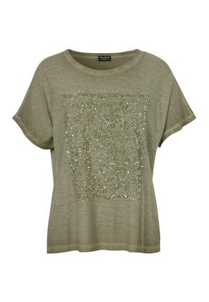 Light olive green short-sleeve women's top with round neckline and square-shaped sequin embellishment on front.