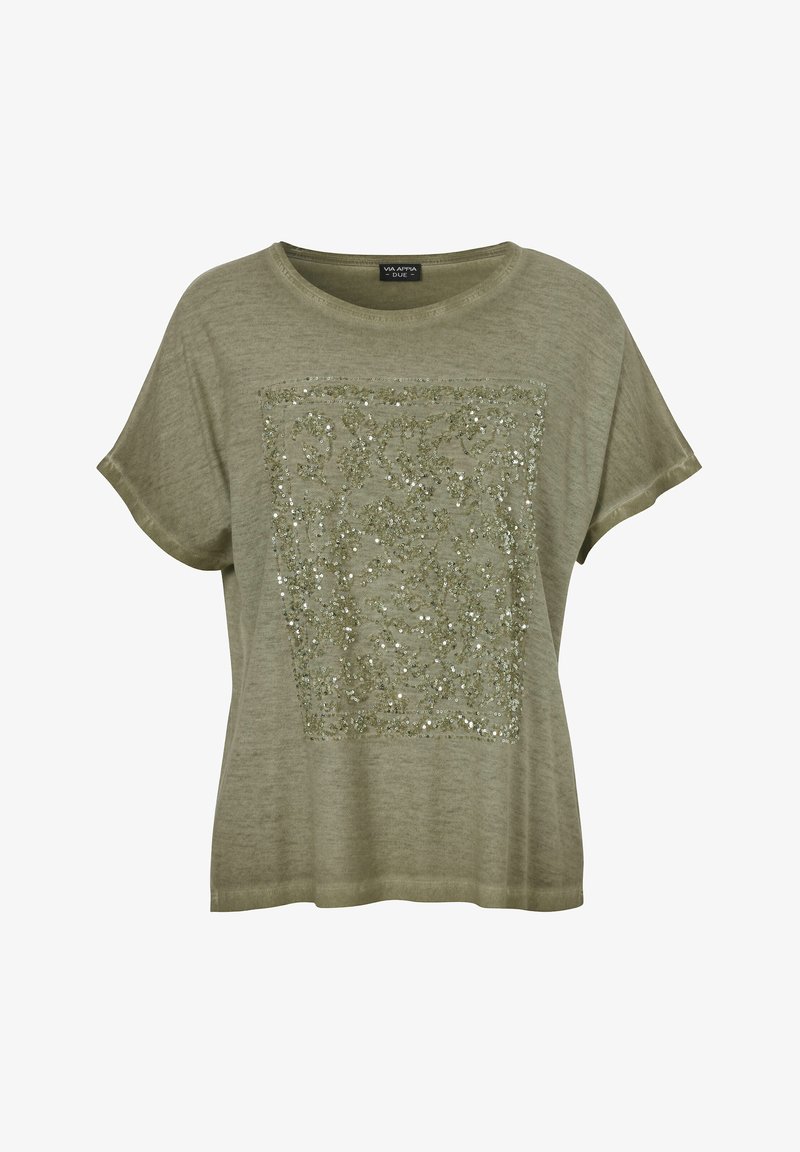 Hellolivgrünes Damenoberteil mit kurzen Ärmeln, rundem Ausschnitt und quadratischer Paillettenverzierung auf der Vorderseite.