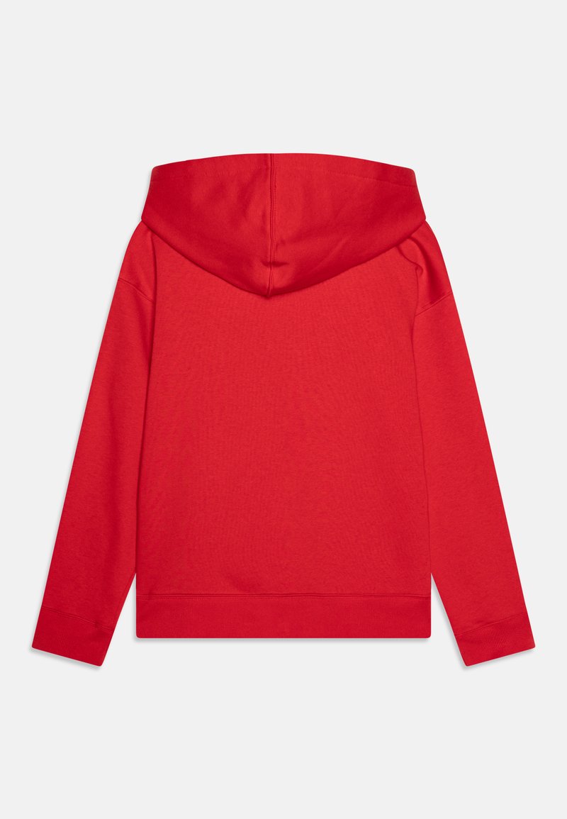 Roter Kapuzenpullover mit Kordelzug-Haube, gerippten Bündchen und Saum sowie einem weichen, strukturierten Stoff. Keine sichtbaren Designmerkmale auf der Vorderseite.