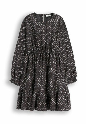 Czarna sukienka o długim rękawie z małym białym i brązowym wzorem kwiatowym, elastycznym pasem, marszczonymi mankietami i falbaną u dołu.