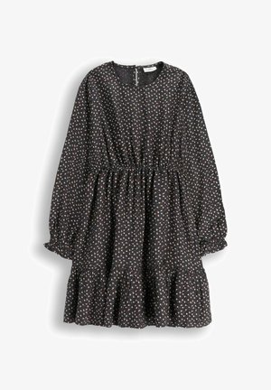 Czarna sukienka o długim rękawie z małym białym i brązowym wzorem kwiatowym, elastycznym pasem, marszczonymi mankietami i falbaną u dołu.