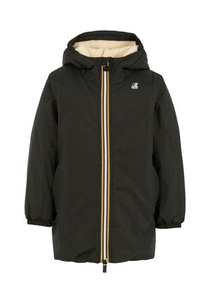 Giacca esterna nera con cappuccio, dotata di un rivestimento interno in pile color crema, chiusura con zip e striscia gialla e arancione, e polsini elasticizzati.