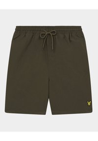 Olive green swim shorts with an elastic waistband, drawstring closure, and a small yellow embroidered logo on the lower right.