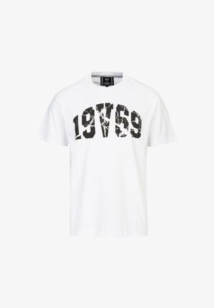 White cotton t-shirt featuring a crew neck and short sleeves, displaying a distressed black graphic '19769' across the chest.