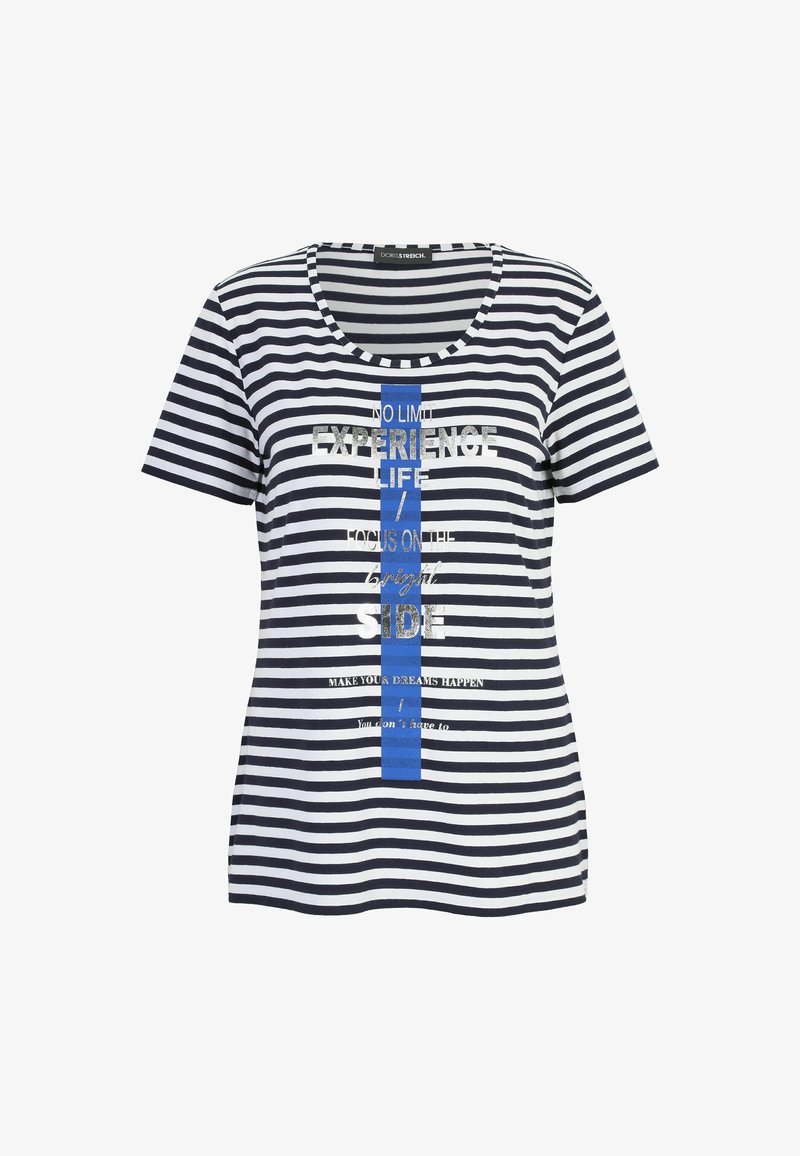 Striped short-sleeve t-shirt in navy and white. Features blue and metallic graphic text across the front. Round neck design. Soft fabric.