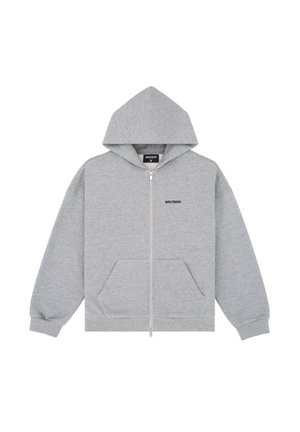 Grauer Reißverschluss-Hoodie aus weichem Stoff, mit Kapuze, frontalen Taschen und einem kleinen Logo auf der Brust. Glatte Textur, lässiges Design.