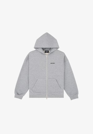 Felpa grigia con zip realizzata in tessuto morbido, dotata di cappuccio, tasche frontali e un piccolo logo sul petto. Texture liscia, design casual.