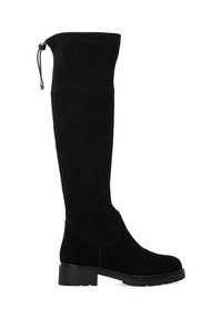 Schwarze Wildleder-Stiefel über das Knie mit einer flachen Gummisohle, ausgestattet mit einem Zugband am oberen Ende für eine verstellbare Passform und eine glatte Kontur.