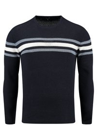 Marineblau gestrickter Pullover mit drei horizontalen Streifen in Grau und Weiß über der Brust. Lange Ärmel und ein klassisches Rundhalsdesign.