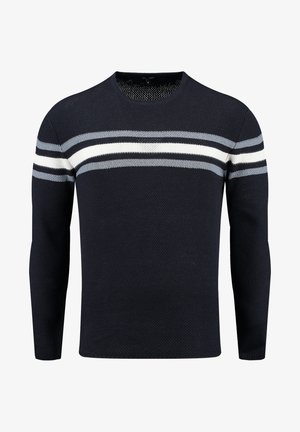 Marineblau gestrickter Pullover mit drei horizontalen Streifen in Grau und Weiß über der Brust. Lange Ärmel und ein klassisches Rundhalsdesign.