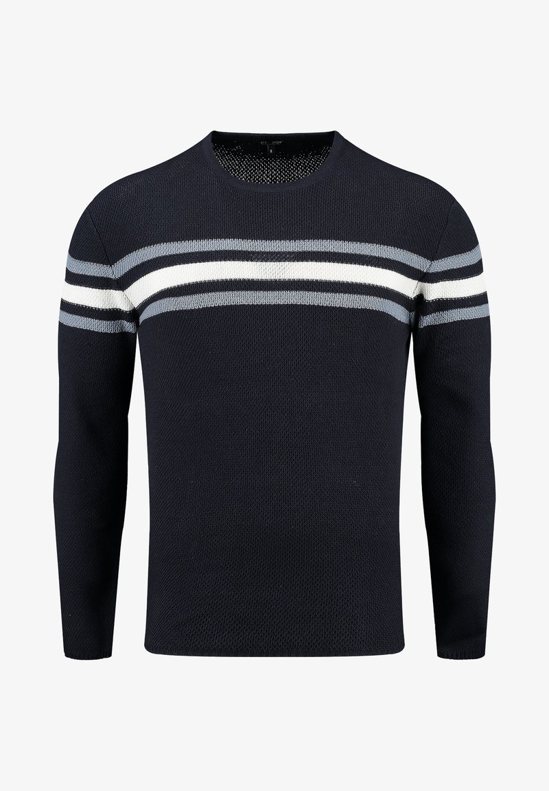 Marineblau gestrickter Pullover mit drei horizontalen Streifen in Grau und Weiß über der Brust. Lange Ärmel und ein klassisches Rundhalsdesign.