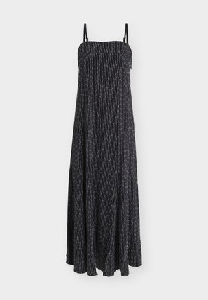 Μαύρο μακρύ φόρεμα χωρίς μανίκια με λεπτές λευκές κάθετες ρίγες και ρυθμιζόμενους λεπτούς ιμάντες, ρέον ύφασμα.