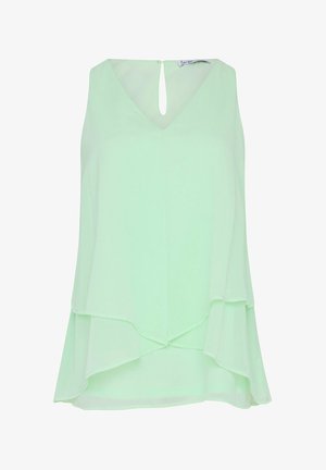 Ärmellose, hellgrüne Chiffonbluse mit V-Ausschnitt, geschichtetem asymmetrischem Saum und kleinem Schlüsselloch-Knopfverschluss am hinteren Halsausschnitt.