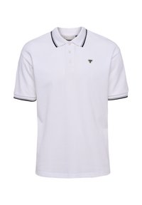 Witte katoenen polo met een zwartgestreepte kraag, drie-knopen sluiting en een klein logo op de linker borst. Korte mouwen.