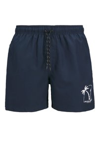 Shorts de bain bleu marine avec taille élastique, cordon de serrage noir et logo de palmier blanc sur la jambe gauche.