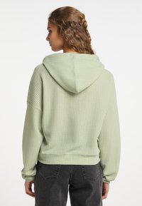 Felpa verde chiaro, strutturata, con taglio rilassato e cappuccio ampio, abbinata a jeans scuri. Presenta polsini ed orlo elasticizzati.