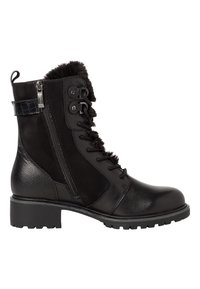 Botte mi-mollet noire en cuir et daim avec fermeture éclair latérale, devant à lacets, doublure en fourrure et petit talon bloc sur fond blanc.