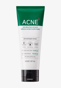 Tube blanche avec un capuchon vert, étiquetée "ACNE+ AHA-BHA-PHA Miracle Acne Clear Foam". Présente des icônes pour le soin de l'acné, le nettoyage en profondeur, l'exfoliation.