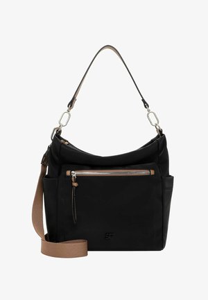 Borsa a tracolla nera con tasca frontale con cerniera, tracolla regolabile marrone, manico corto con fibbie argento e tasche laterali a fessura.