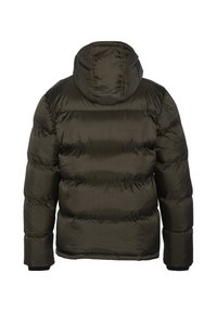 Olive zielona kurtka puchowa z odpinanym kapturem, pikowany design, elastyczne mankiety i krótki krój. Gładka, błyszcząca tekstura materiału.