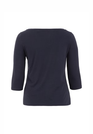 Marineblaue Langarmbluse mit rundem Ausschnitt und einem glatten, leichten Stoff, der eine lockere Passform und ¾-lange Ärmel bietet.