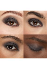 Quatre vues en gros plan d'yeux marron avec un fard à paupières gris fumé foncé et des cils définis sur des tons de peau divers.