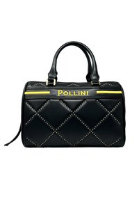 Borsa a mano in pelle nera con design trapuntato, borchie dorate e logo giallo. Presenta manici superiori doppi e chiusura con zip.