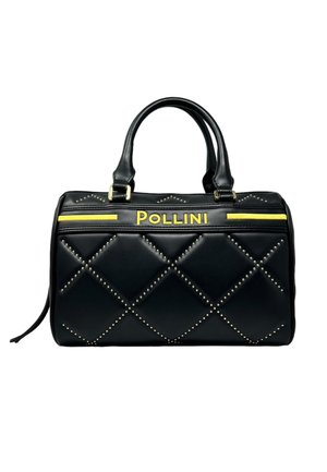 Borsa a mano in pelle nera con design trapuntato, borchie dorate e logo giallo. Presenta manici superiori doppi e chiusura con zip.
