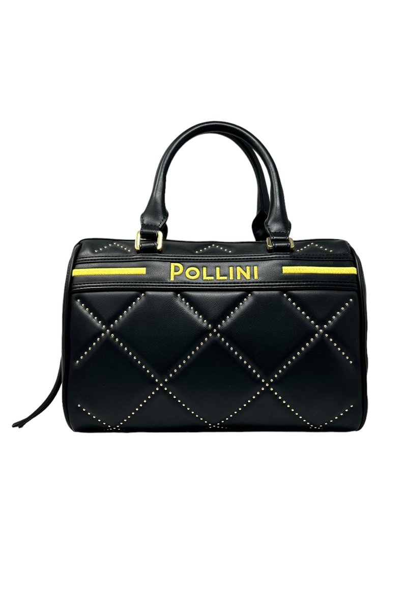 Borsa a mano in pelle nera con design trapuntato, borchie dorate e logo giallo. Presenta manici superiori doppi e chiusura con zip.