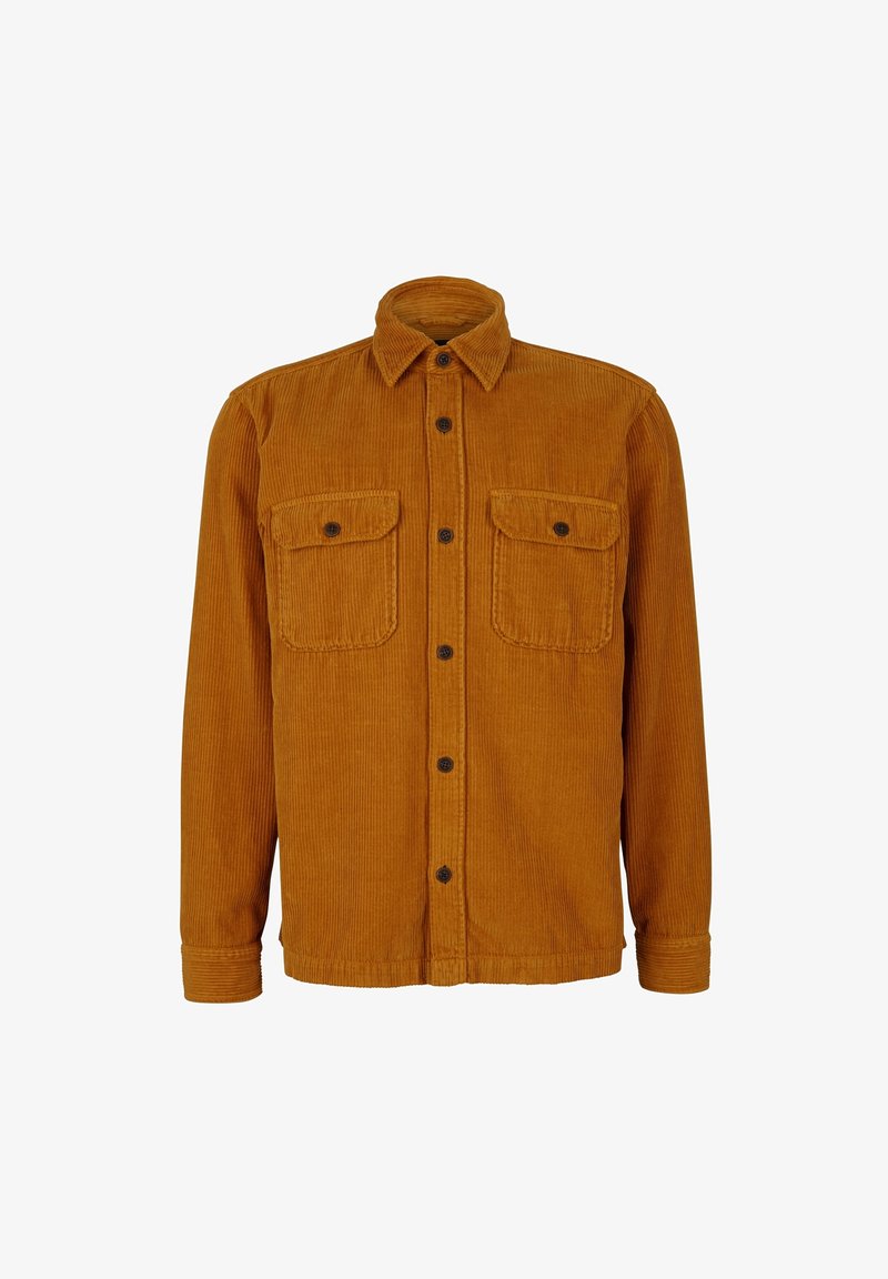 Heren overhemdjack van corduroy in roestoranje met lange mouwen, een knoopsluiting aan de voorkant en twee borstzakken met klep en knoop.