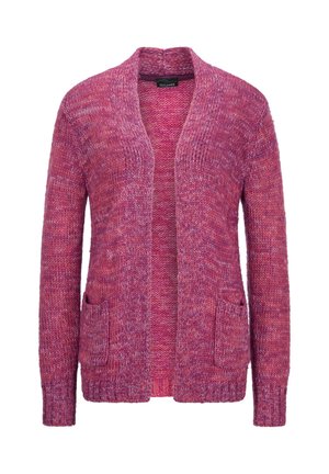 Chunky gebreide open voorkardigan in gevarieerde tinten roze met twee voorzakken en lange mouwen.