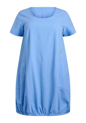Prost modro obleka s kratkimi rokavi, okroglim izrezom, stranskimi žepi in nabranim robom na dnu.